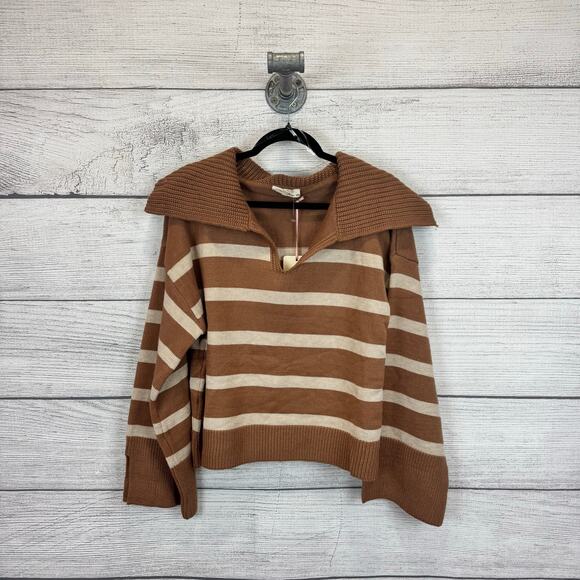 Entro Women's Tan & Cream Striped Collar Knit Sweater Size Medium - Picture 1 of 8